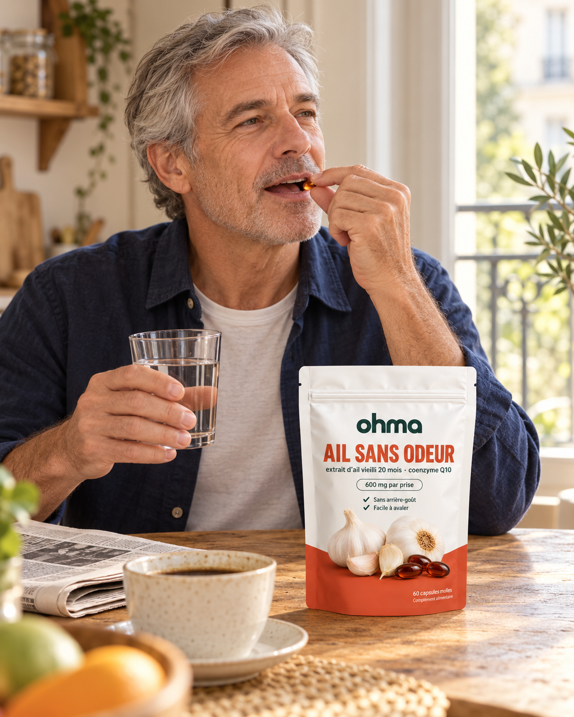 Un homme prend sa capsule Blinx au petit-déjeuner