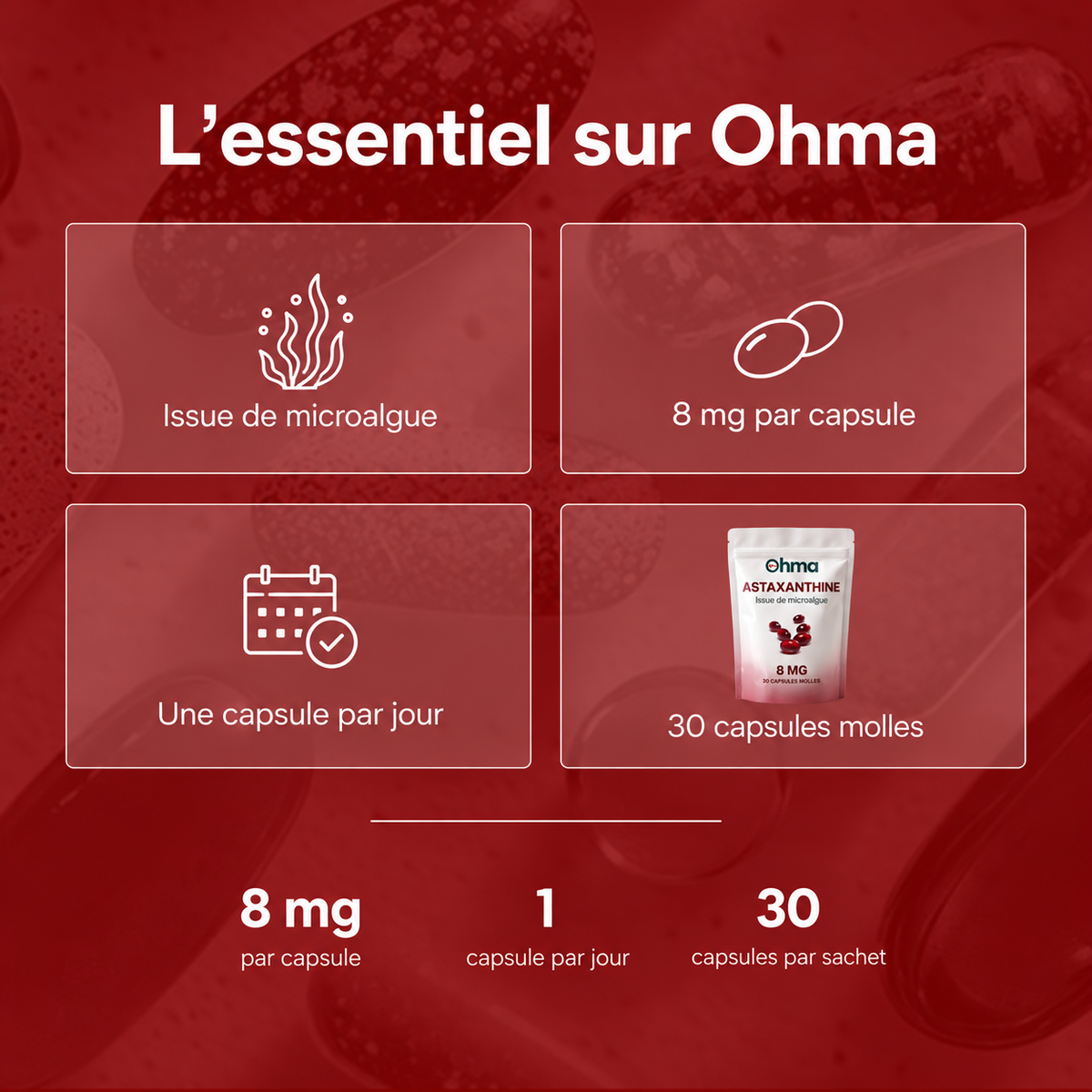 L'essentiel : issue de microalgue, 8 mg par capsule, une capsule par jour, 30 capsules