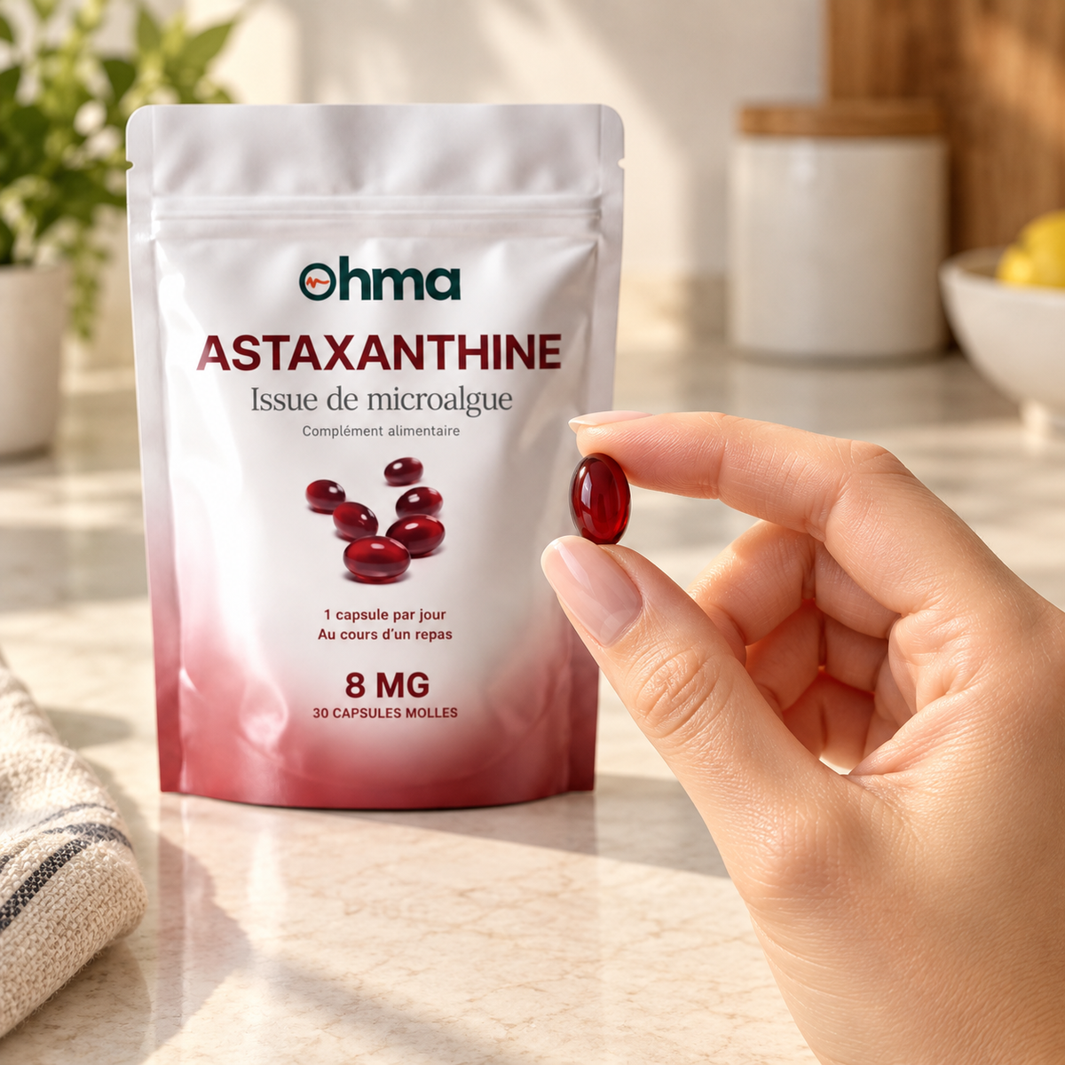 Une capsule molle d'astaxanthine tenue entre deux doigts