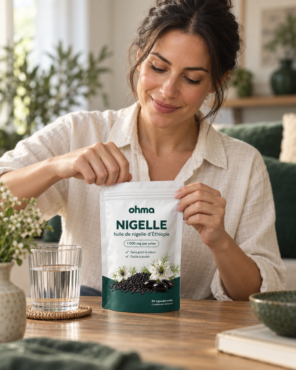 Une femme ouvre son sachet Blinx Nigelle