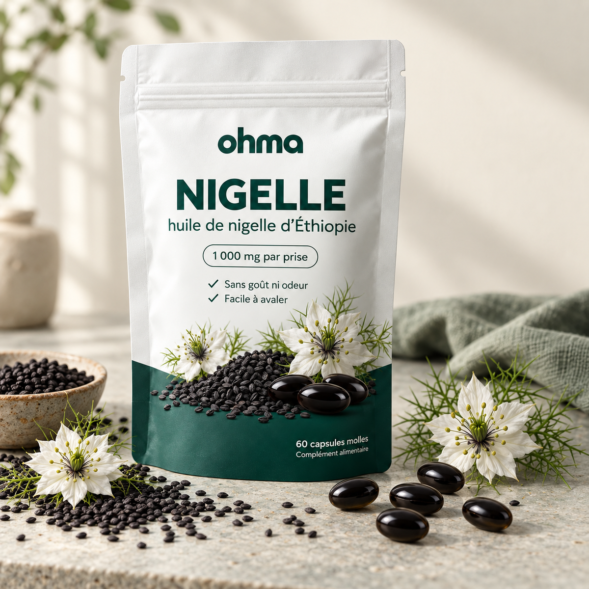 Sachet Blinx Nigelle avec des graines et des fleurs de nigelle