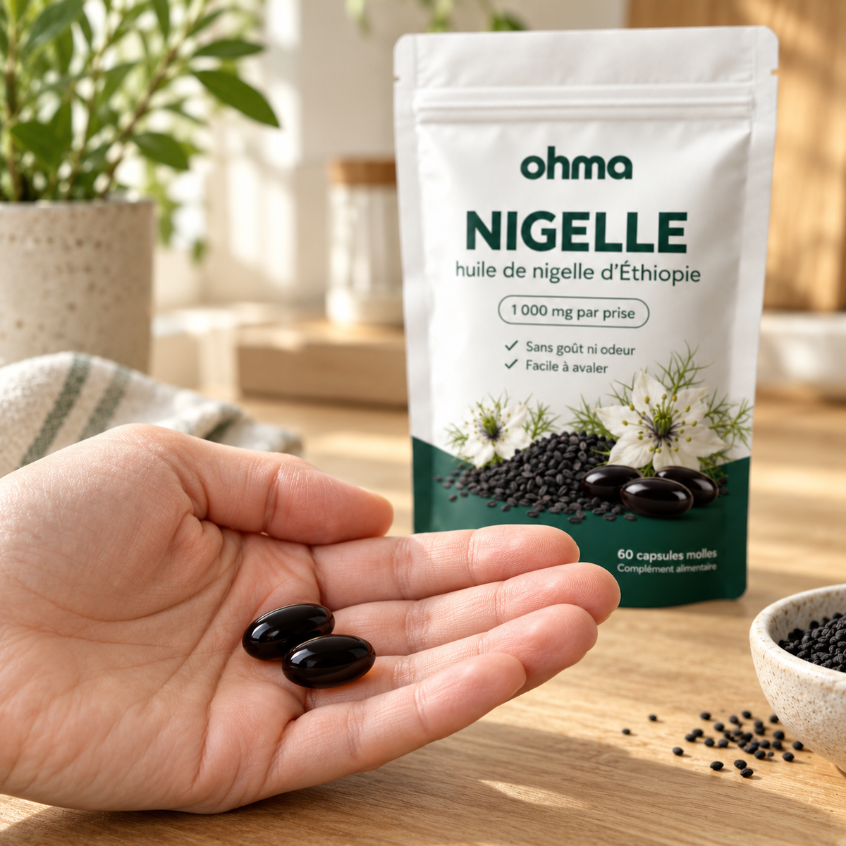 Deux capsules molles noires dans la main