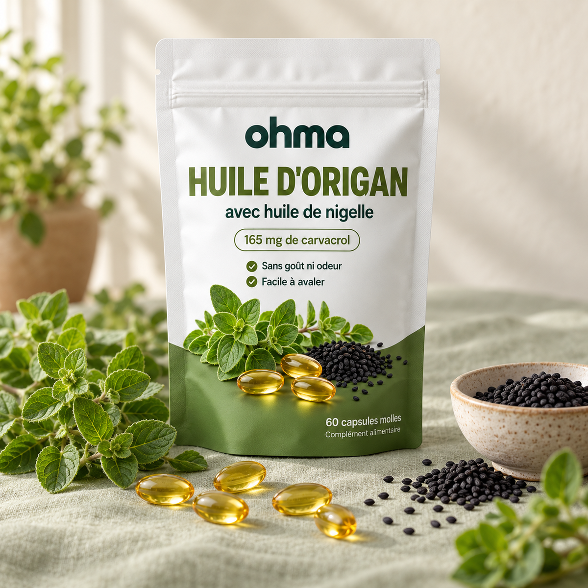 Sachet Blinx Huile d'origan avec de l'origan frais et des graines de nigelle